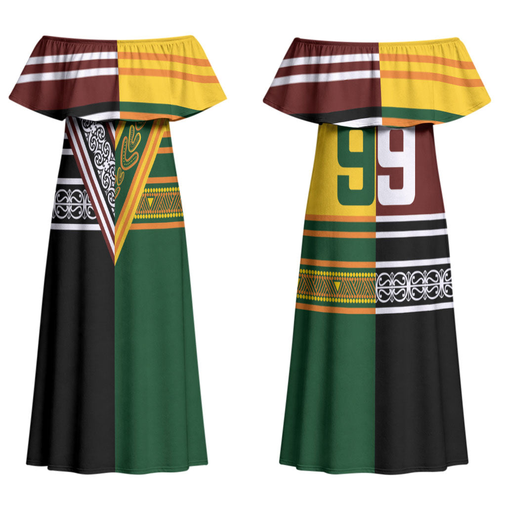 Custom Rugby New Zealand and Australia Couples Matching Off Shoulder Maxi Dress and Hawaiian Shirt Burgundy Koru Geometric with Aboriginal Chevron Sport Style