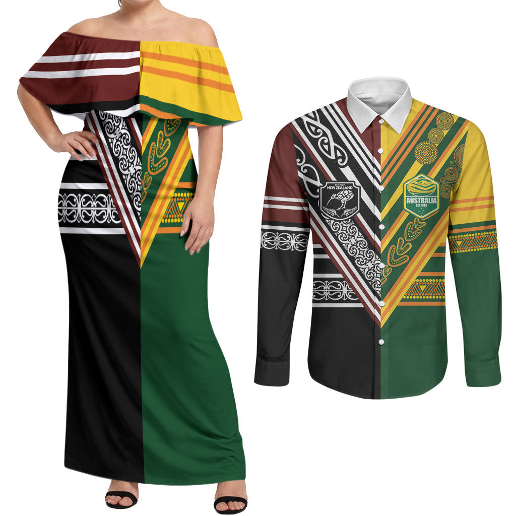 Custom Rugby New Zealand and Australia Couples Matching Off Shoulder Maxi Dress and Long Sleeve Button Shirt Burgundy Koru Geometric with Aboriginal Chevron Sport Style