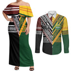 Custom Rugby New Zealand and Australia Couples Matching Off Shoulder Maxi Dress and Long Sleeve Button Shirt Burgundy Koru Geometric with Aboriginal Chevron Sport Style