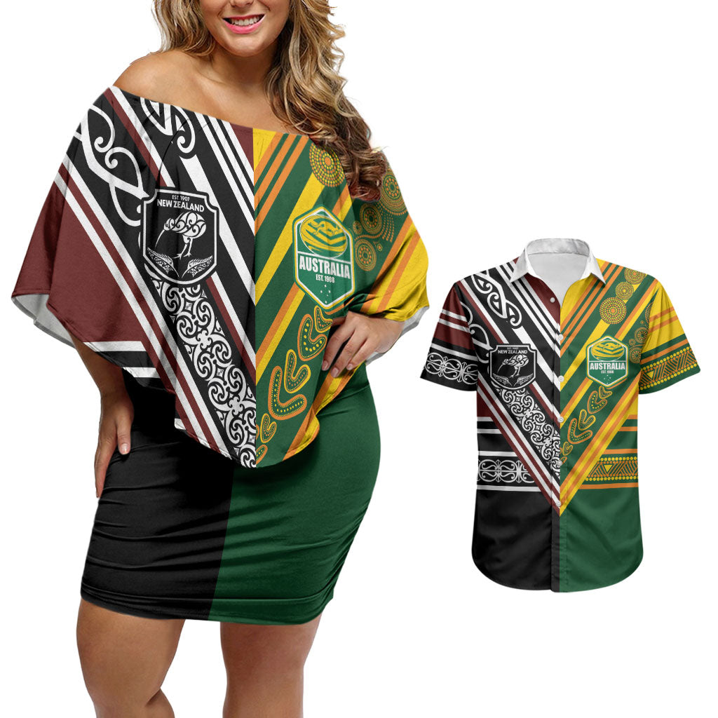 Custom Rugby New Zealand and Australia Couples Matching Off Shoulder Short Dress and Hawaiian Shirt Burgundy Koru Geometric with Aboriginal Chevron Sport Style