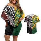 Custom Rugby New Zealand and Australia Couples Matching Off Shoulder Short Dress and Hawaiian Shirt Burgundy Koru Geometric with Aboriginal Chevron Sport Style