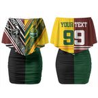 Custom Rugby New Zealand and Australia Couples Matching Off Shoulder Short Dress and Hawaiian Shirt Burgundy Koru Geometric with Aboriginal Chevron Sport Style
