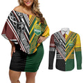 Custom Rugby New Zealand and Australia Couples Matching Off Shoulder Short Dress and Long Sleeve Button Shirt Burgundy Koru Geometric with Aboriginal Chevron Sport Style