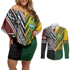 Custom Rugby New Zealand and Australia Couples Matching Off Shoulder Short Dress and Long Sleeve Button Shirt Burgundy Koru Geometric with Aboriginal Chevron Sport Style