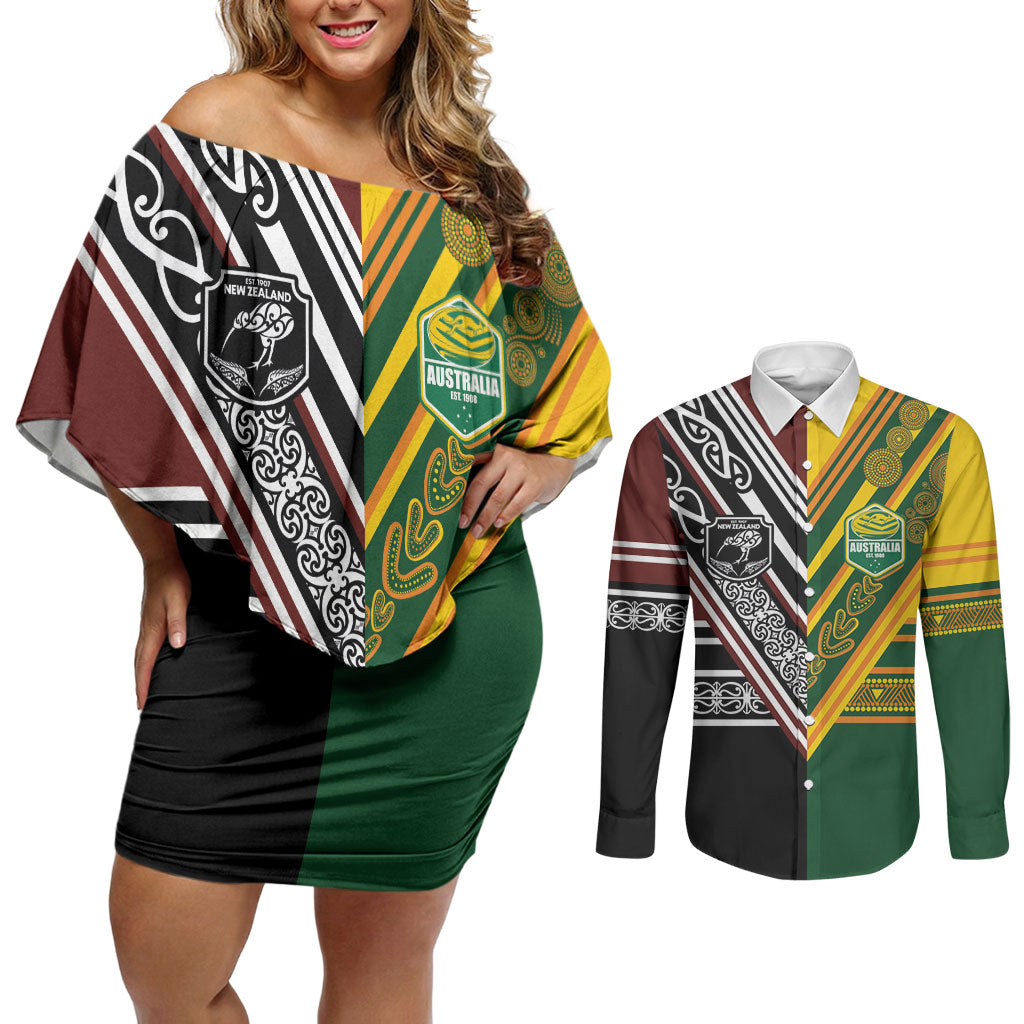 Custom Rugby New Zealand and Australia Couples Matching Off Shoulder Short Dress and Long Sleeve Button Shirt Burgundy Koru Geometric with Aboriginal Chevron Sport Style