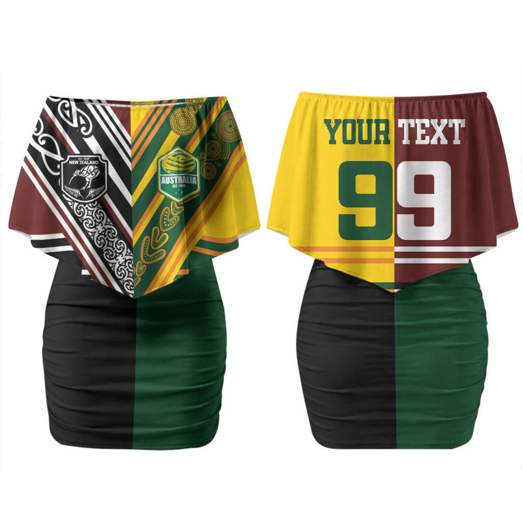 Custom Rugby New Zealand and Australia Couples Matching Off Shoulder Short Dress and Long Sleeve Button Shirt Burgundy Koru Geometric with Aboriginal Chevron Sport Style