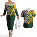 Custom Rugby New Zealand and Australia Couples Matching Off The Shoulder Long Sleeve Dress and Hawaiian Shirt Burgundy Koru Geometric with Aboriginal Chevron Sport Style