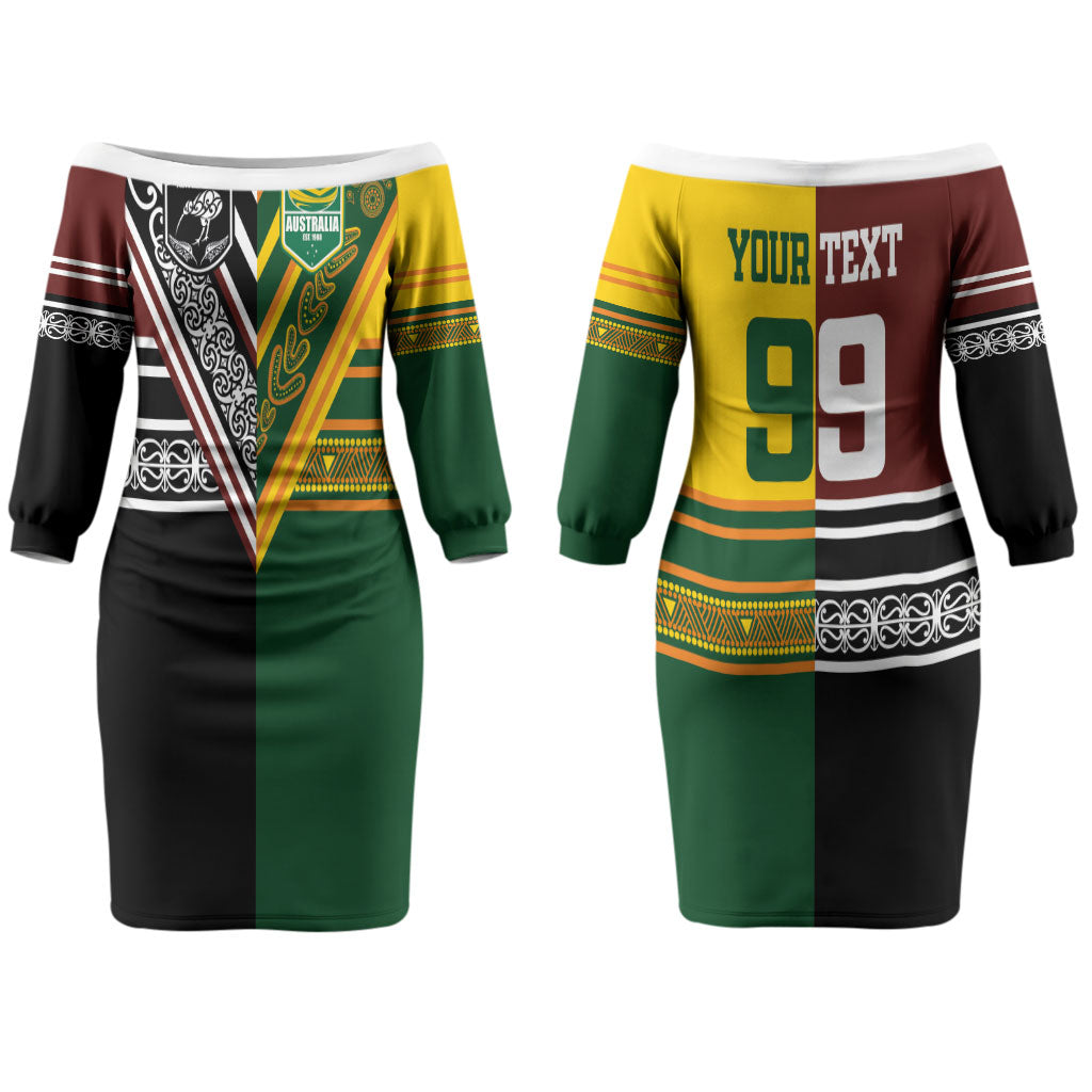 Custom Rugby New Zealand and Australia Couples Matching Off The Shoulder Long Sleeve Dress and Hawaiian Shirt Burgundy Koru Geometric with Aboriginal Chevron Sport Style