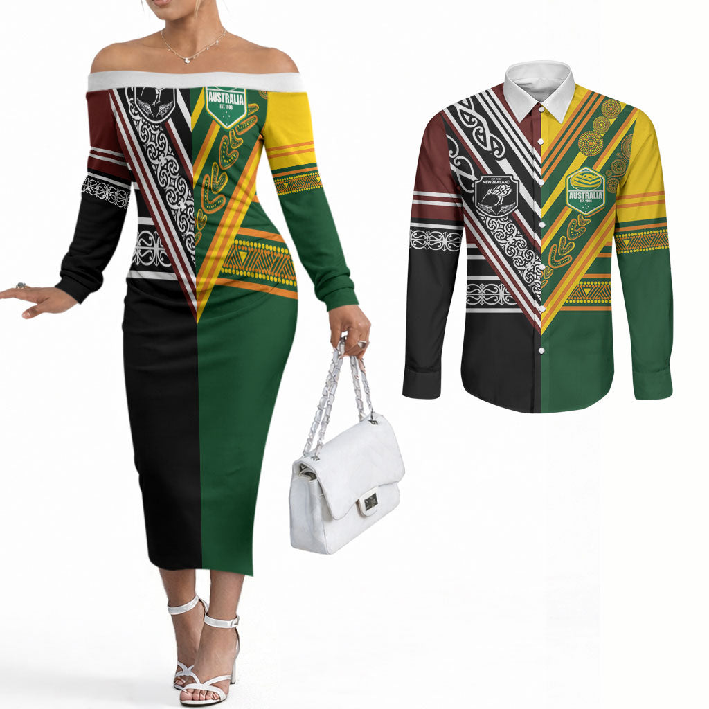 Custom Rugby New Zealand and Australia Couples Matching Off The Shoulder Long Sleeve Dress and Long Sleeve Button Shirt Burgundy Koru Geometric with Aboriginal Chevron Sport Style