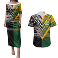 Custom Rugby New Zealand and Australia Couples Matching Puletasi and Hawaiian Shirt Burgundy Koru Geometric with Aboriginal Chevron Sport Style