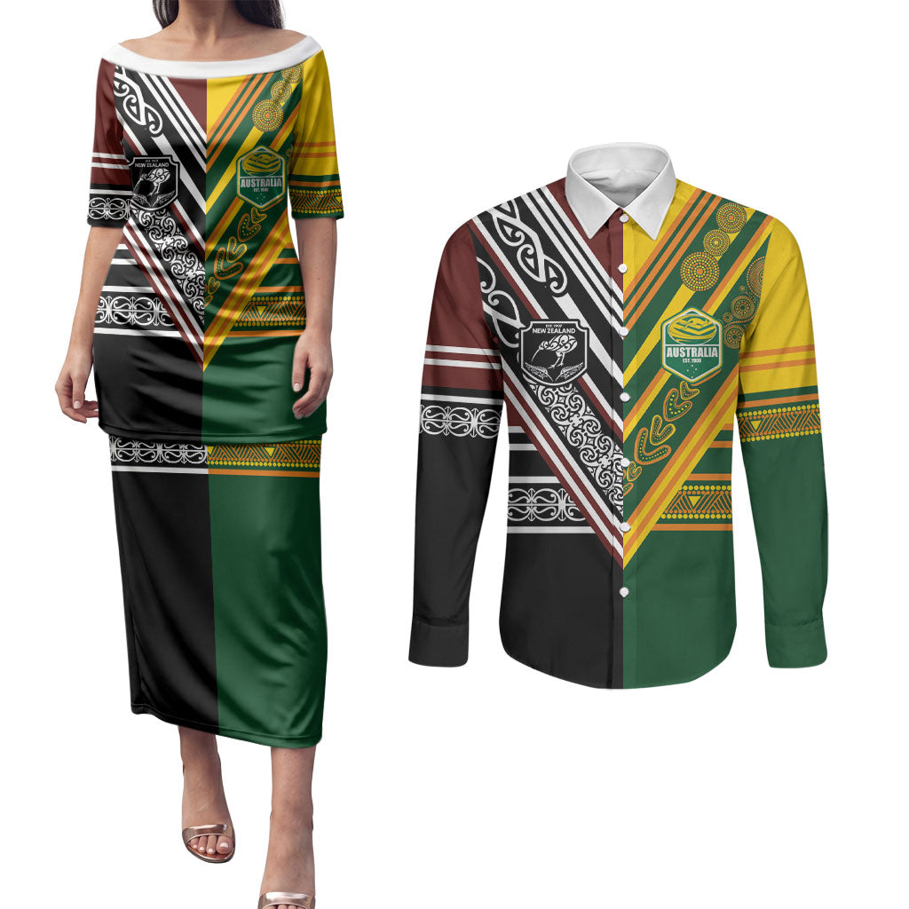 Custom Rugby New Zealand and Australia Couples Matching Puletasi and Long Sleeve Button Shirt Burgundy Koru Geometric with Aboriginal Chevron Sport Style
