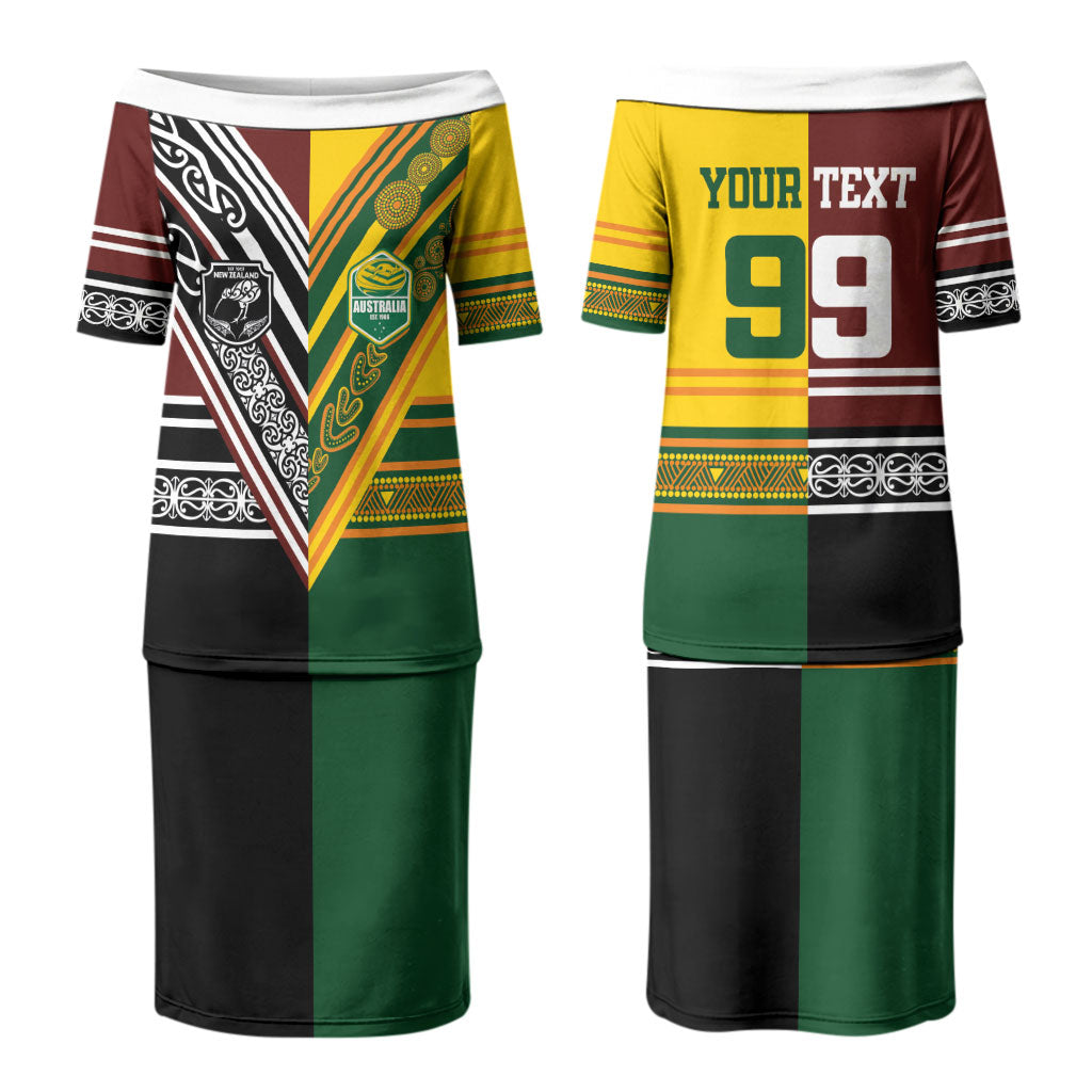Custom Rugby New Zealand and Australia Couples Matching Puletasi and Long Sleeve Button Shirt Burgundy Koru Geometric with Aboriginal Chevron Sport Style