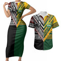 Custom Rugby New Zealand and Australia Couples Matching Short Sleeve Bodycon Dress and Hawaiian Shirt Burgundy Koru Geometric with Aboriginal Chevron Sport Style
