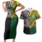 Custom Rugby New Zealand and Australia Couples Matching Short Sleeve Bodycon Dress and Hawaiian Shirt Burgundy Koru Geometric with Aboriginal Chevron Sport Style