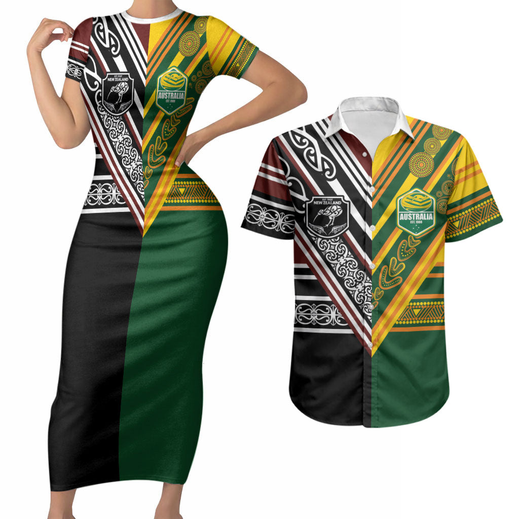 Custom Rugby New Zealand and Australia Couples Matching Short Sleeve Bodycon Dress and Hawaiian Shirt Burgundy Koru Geometric with Aboriginal Chevron Sport Style