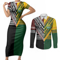 Custom Rugby New Zealand and Australia Couples Matching Short Sleeve Bodycon Dress and Long Sleeve Button Shirt Burgundy Koru Geometric with Aboriginal Chevron Sport Style