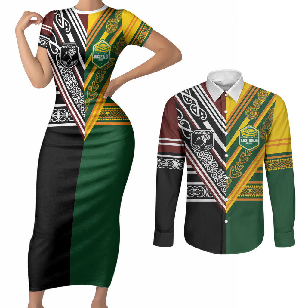 Custom Rugby New Zealand and Australia Couples Matching Short Sleeve Bodycon Dress and Long Sleeve Button Shirt Burgundy Koru Geometric with Aboriginal Chevron Sport Style