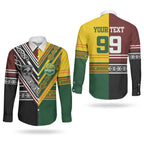 Custom Rugby New Zealand and Australia Couples Matching Short Sleeve Bodycon Dress and Long Sleeve Button Shirt Burgundy Koru Geometric with Aboriginal Chevron Sport Style