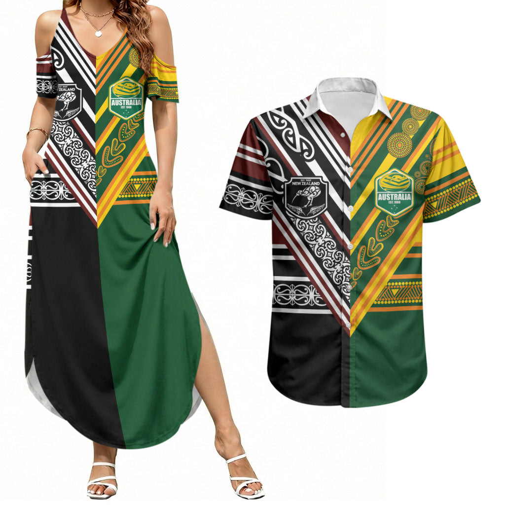 Custom Rugby New Zealand and Australia Couples Matching Summer Maxi Dress and Hawaiian Shirt Burgundy Koru Geometric with Aboriginal Chevron Sport Style