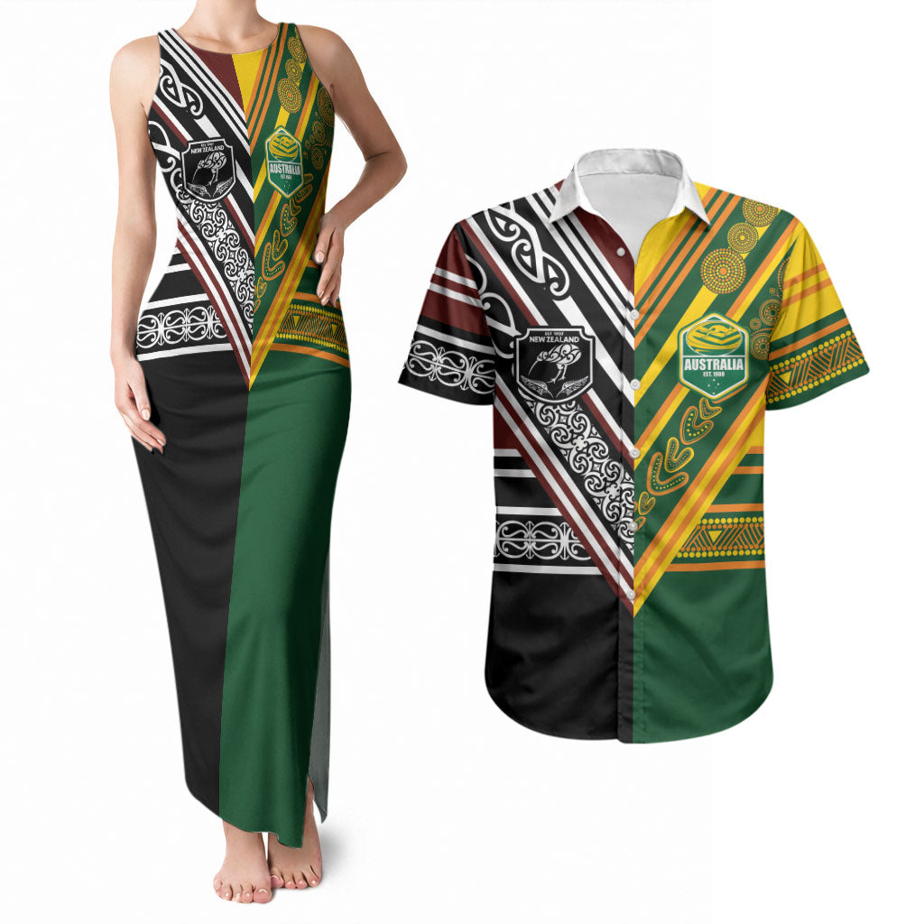 Custom Rugby New Zealand and Australia Couples Matching Tank Maxi Dress and Hawaiian Shirt Burgundy Koru Geometric with Aboriginal Chevron Sport Style