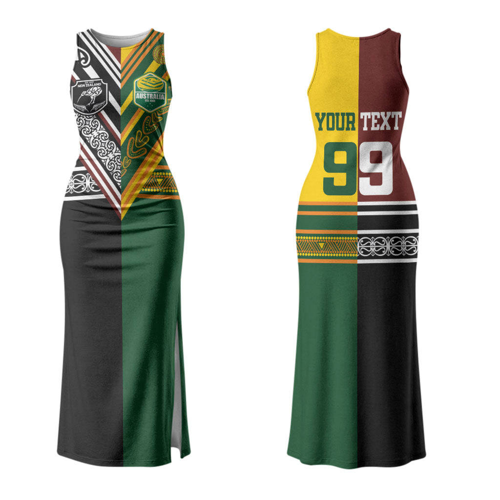 Custom Rugby New Zealand and Australia Couples Matching Tank Maxi Dress and Hawaiian Shirt Burgundy Koru Geometric with Aboriginal Chevron Sport Style