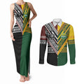 Custom Rugby New Zealand and Australia Couples Matching Tank Maxi Dress and Long Sleeve Button Shirt Burgundy Koru Geometric with Aboriginal Chevron Sport Style