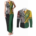 Custom Rugby New Zealand and Australia Couples Matching Tank Maxi Dress and Long Sleeve Button Shirt Burgundy Koru Geometric with Aboriginal Chevron Sport Style