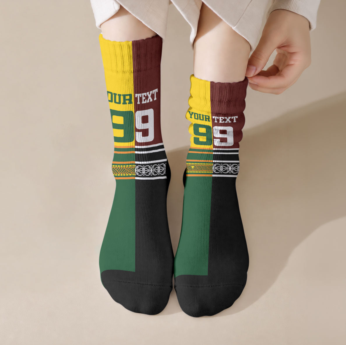 Custom Rugby New Zealand and Australia Crew Socks Burgundy Koru Geometric with Aboriginal Chevron Sport Style