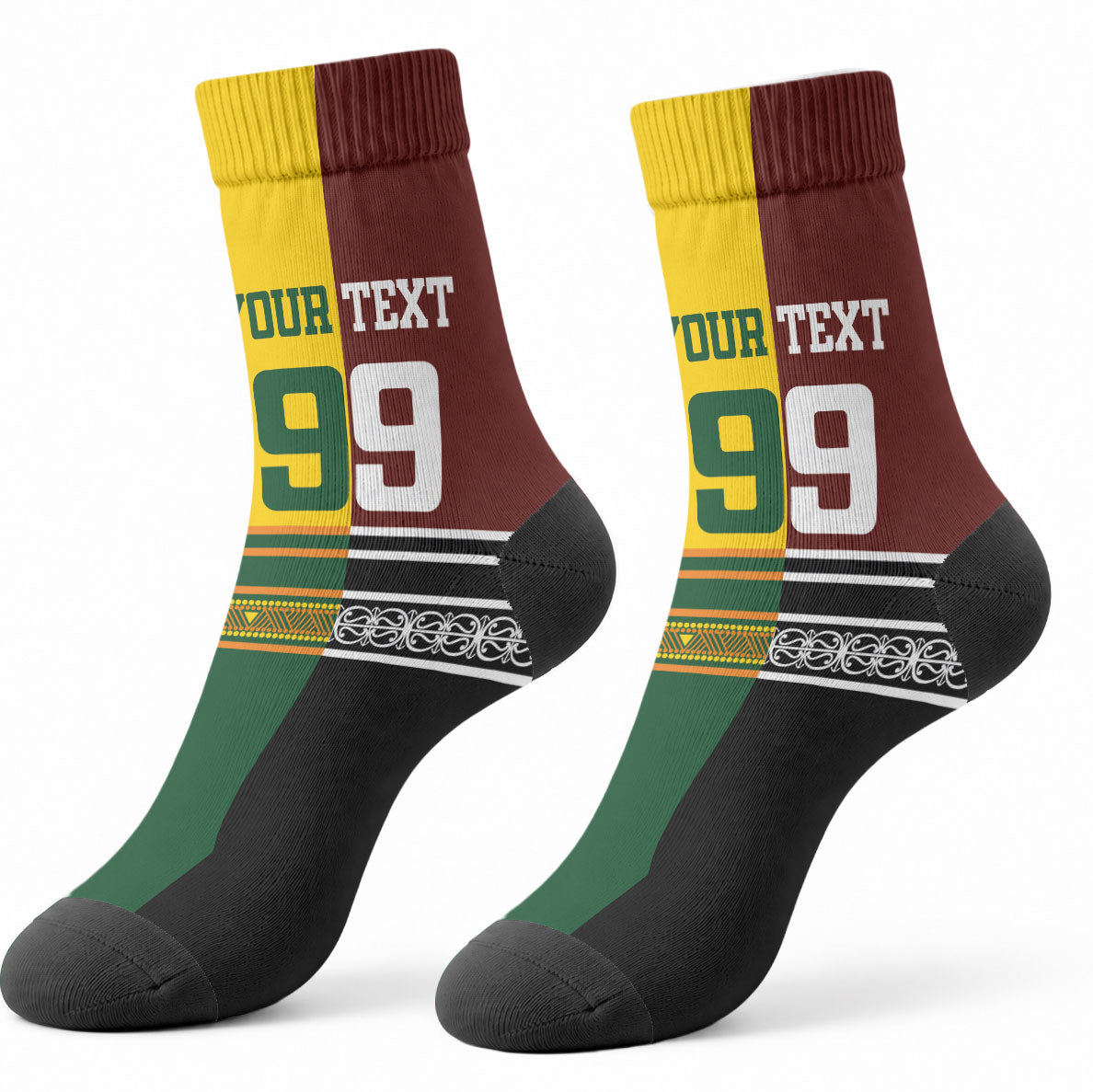 Custom Rugby New Zealand and Australia Crew Socks Burgundy Koru Geometric with Aboriginal Chevron Sport Style