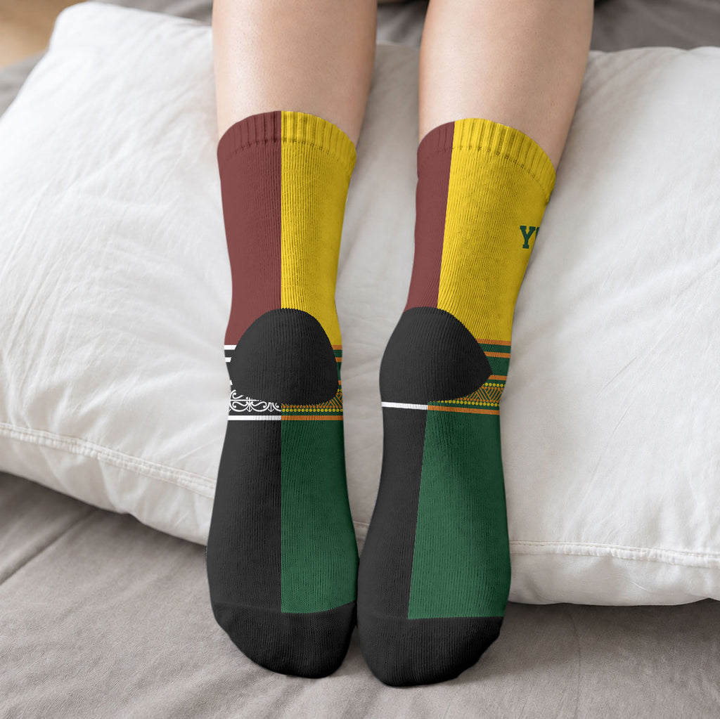 Custom Rugby New Zealand and Australia Crew Socks Burgundy Koru Geometric with Aboriginal Chevron Sport Style