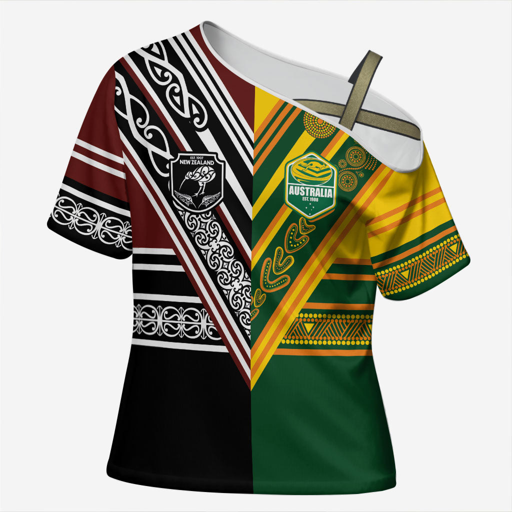 Custom Rugby New Zealand and Australia Cross Shoulder Shirt Burgundy Koru Geometric with Aboriginal Chevron Sport Style