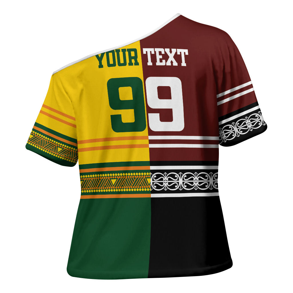 Custom Rugby New Zealand and Australia Cross Shoulder Shirt Burgundy Koru Geometric with Aboriginal Chevron Sport Style