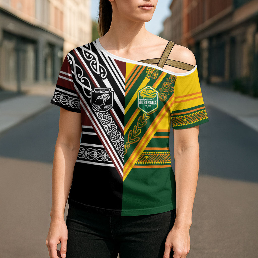 Custom Rugby New Zealand and Australia Cross Shoulder Shirt Burgundy Koru Geometric with Aboriginal Chevron Sport Style