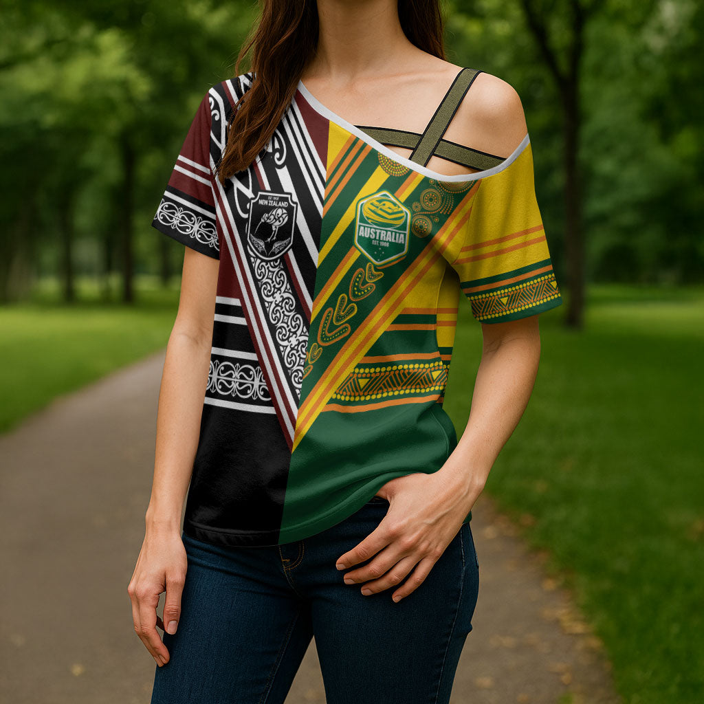 Custom Rugby New Zealand and Australia Cross Shoulder Shirt Burgundy Koru Geometric with Aboriginal Chevron Sport Style