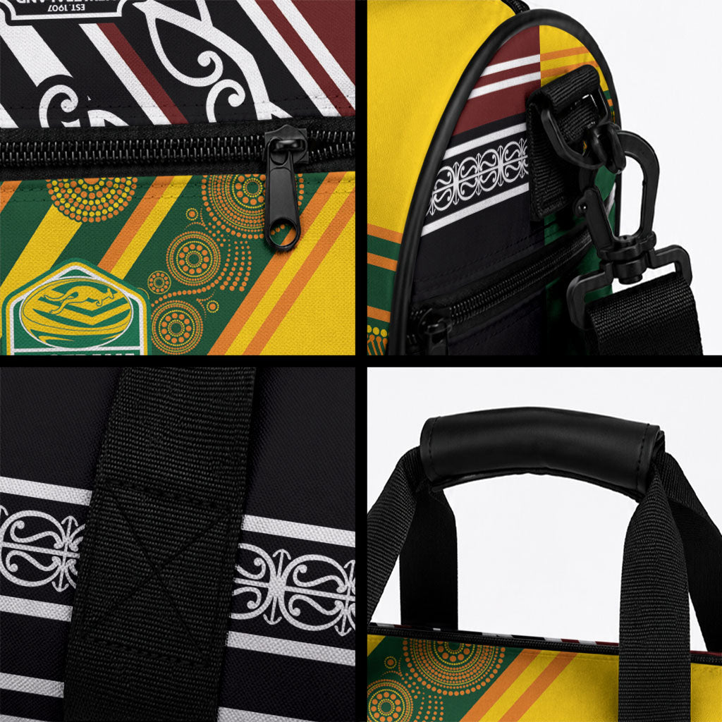 Rugby New Zealand and Australia Duffle Bag Burgundy Koru Geometric with Aboriginal Chevron Sport Style
