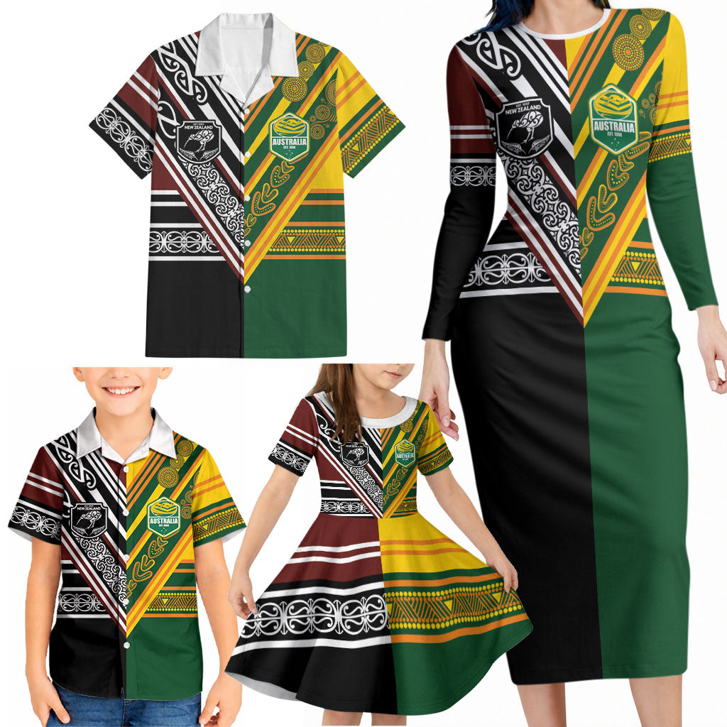 Custom Rugby New Zealand and Australia Family Matching Long Sleeve Bodycon Dress and Hawaiian Shirt Burgundy Koru Geometric with Aboriginal Chevron Sport Style