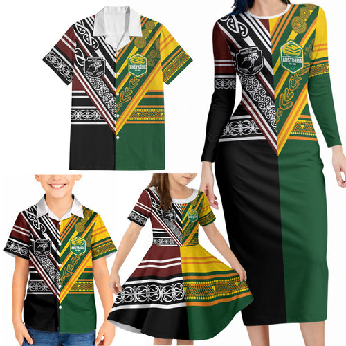 Custom Rugby New Zealand and Australia Family Matching Long Sleeve Bodycon Dress and Hawaiian Shirt Burgundy Koru Geometric with Aboriginal Chevron Sport Style