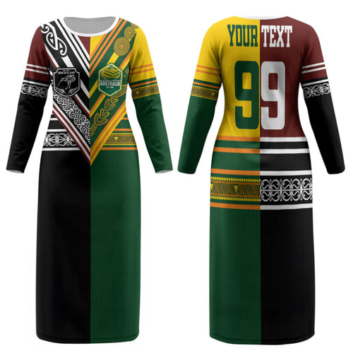 Custom Rugby New Zealand and Australia Family Matching Long Sleeve Bodycon Dress and Hawaiian Shirt Burgundy Koru Geometric with Aboriginal Chevron Sport Style