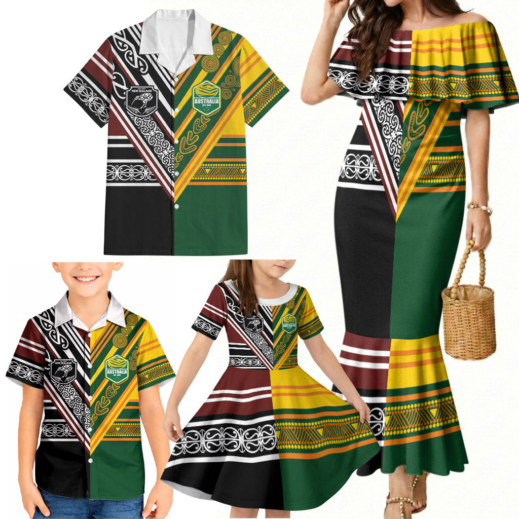 Custom Rugby New Zealand and Australia Family Matching Mermaid Dress and Hawaiian Shirt Burgundy Koru Geometric with Aboriginal Chevron Sport Style