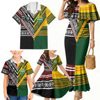 Custom Rugby New Zealand and Australia Family Matching Mermaid Dress and Hawaiian Shirt Burgundy Koru Geometric with Aboriginal Chevron Sport Style
