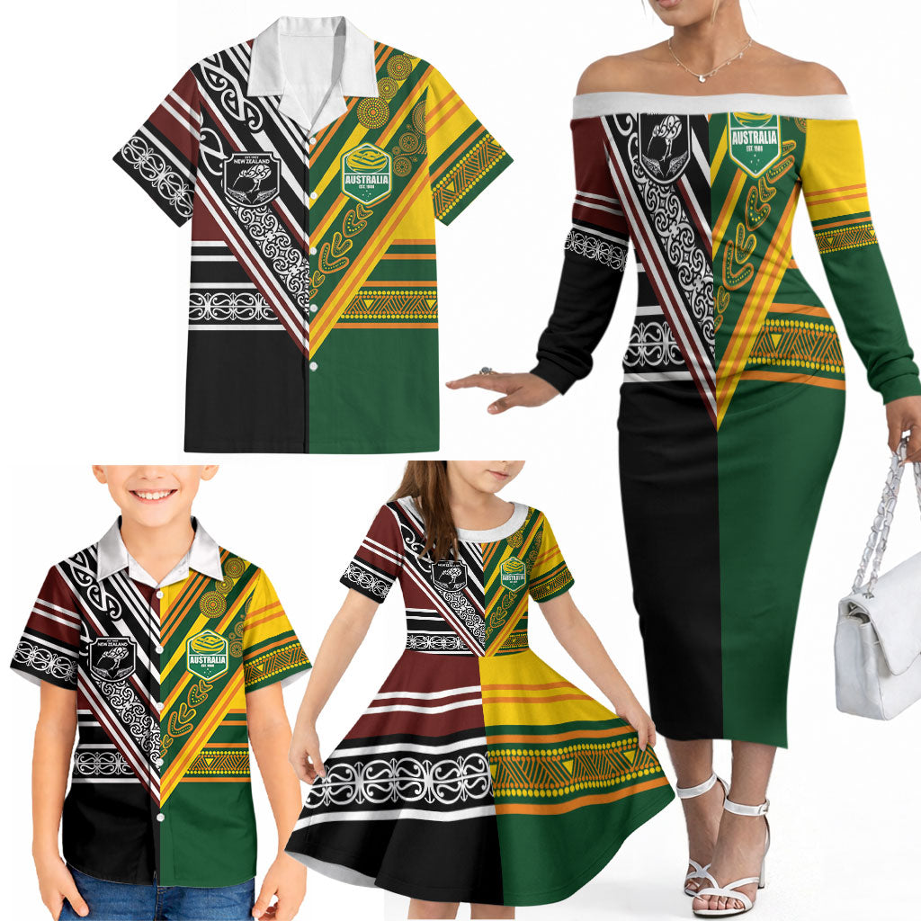 Custom Rugby New Zealand and Australia Family Matching Off The Shoulder Long Sleeve Dress and Hawaiian Shirt Burgundy Koru Geometric with Aboriginal Chevron Sport Style