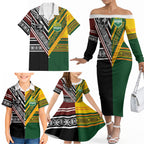 Custom Rugby New Zealand and Australia Family Matching Off The Shoulder Long Sleeve Dress and Hawaiian Shirt Burgundy Koru Geometric with Aboriginal Chevron Sport Style