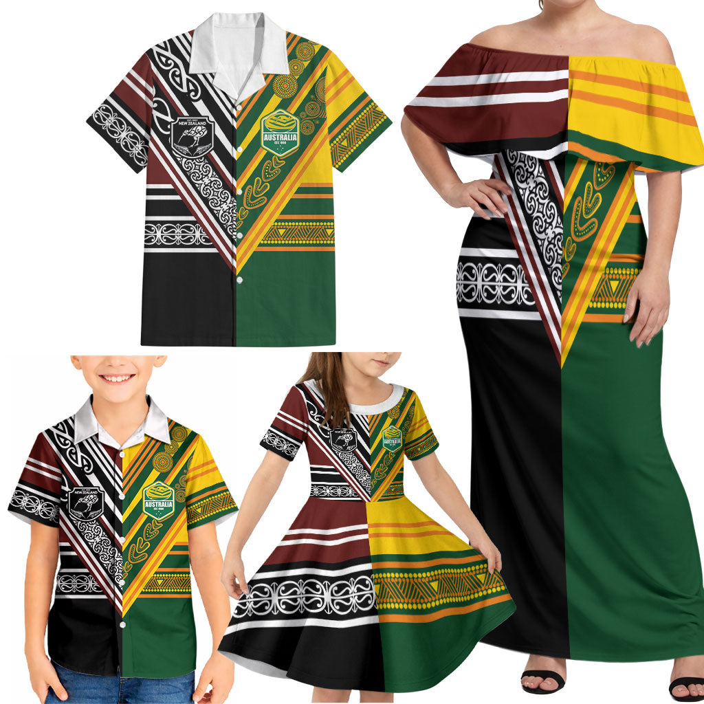 Custom Rugby New Zealand and Australia Family Matching Off Shoulder Maxi Dress and Hawaiian Shirt Burgundy Koru Geometric with Aboriginal Chevron Sport Style