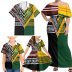 Custom Rugby New Zealand and Australia Family Matching Off Shoulder Maxi Dress and Hawaiian Shirt Burgundy Koru Geometric with Aboriginal Chevron Sport Style