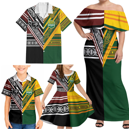 Custom Rugby New Zealand and Australia Family Matching Off Shoulder Maxi Dress and Hawaiian Shirt Burgundy Koru Geometric with Aboriginal Chevron Sport Style