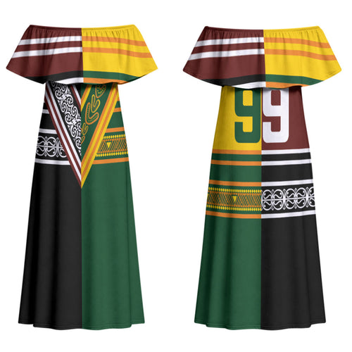 Custom Rugby New Zealand and Australia Family Matching Off Shoulder Maxi Dress and Hawaiian Shirt Burgundy Koru Geometric with Aboriginal Chevron Sport Style