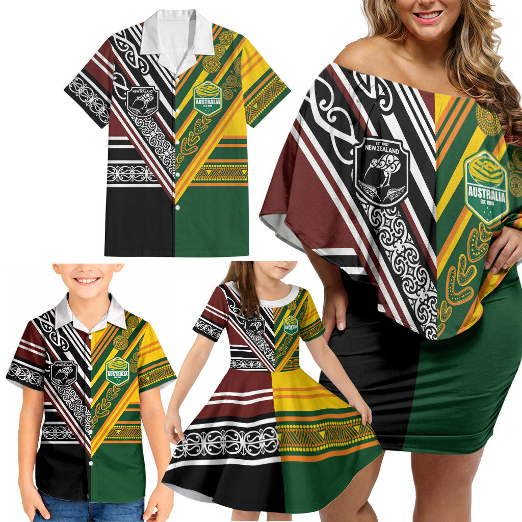 Custom Rugby New Zealand and Australia Family Matching Off Shoulder Short Dress and Hawaiian Shirt Burgundy Koru Geometric with Aboriginal Chevron Sport Style