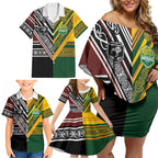 Custom Rugby New Zealand and Australia Family Matching Off Shoulder Short Dress and Hawaiian Shirt Burgundy Koru Geometric with Aboriginal Chevron Sport Style