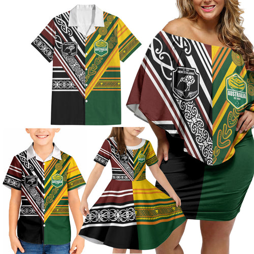 Custom Rugby New Zealand and Australia Family Matching Off Shoulder Short Dress and Hawaiian Shirt Burgundy Koru Geometric with Aboriginal Chevron Sport Style
