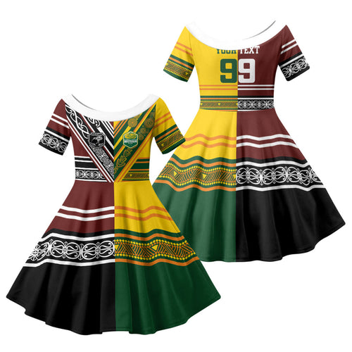 Custom Rugby New Zealand and Australia Family Matching Off Shoulder Short Dress and Hawaiian Shirt Burgundy Koru Geometric with Aboriginal Chevron Sport Style
